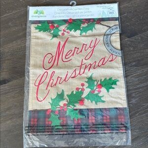 Evergreen Decorative garden flag, Merry Christmas, Holly Berries, burlap fabric